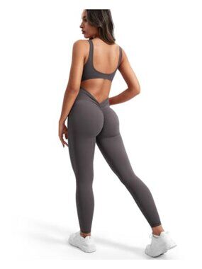 Backless Scrunch Butt Jumpsuit One Piece U-Neck Bodycon Yoga Romper V-Back